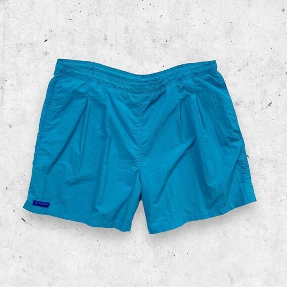 Vtg 90s Columbia Nylon Teal Shorts, Drawstring Pleated Pockets, Logo Patch, XL - Picture 1 of 8